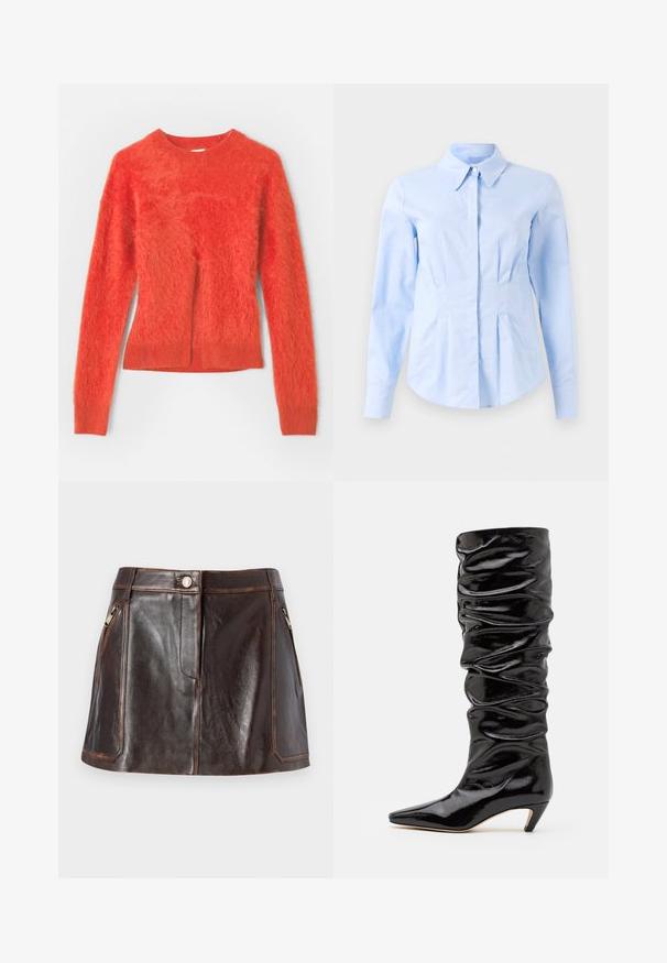 Punane, karvane sviiter pikkade varrukatega ja ümmarguse kaelusega. Omab veidi üle mõõtu istuvust ning ribaga äärt all.; Hele sinine pika varrukaga sobiv särk, millel on terav krae ja varjatud eesnupud, kohandatud talje ja nööbitavad varrukad.; Pruun nahast miniseelik, millel on stiilne disain, kaks lukuga küljetaskut ja kontrastsed õmblused servade äärtes.; Musthave must knee-high saapad, millel on kortsus tekstuur, terav varvas ja madal koonusheel. Silmapaistev materjal õrna sära ja läikega.