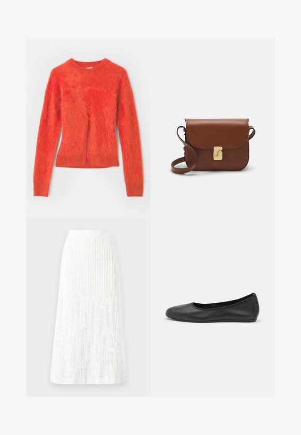 Piros, bolyhos pulóver hosszú ujjakkal és kerek nyakkivágással. Kicsit oversized fazonú, az alján bordázott szegéllyel rendelkezik.; Fehér kötött midi szoknya, amelynek textúrája függőleges vonalakkal és kivágott részletekkel díszített az alján. Rugalmas derékpánt. Puha anyag.; Fekete bőr balettcipő lekerekített orral, sima tekstúrával, minimális varrással és rugalmas talp kialakítással.; Barna bőr kézitáska, hajtókás zárással, arany színű fém kiegészítőkkel, vállpánttal és sima felülettel. Kompakt téglalap alakú.