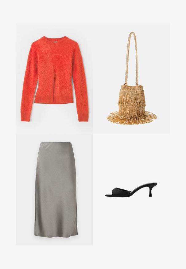 Maglione rosso, peloso, con maniche lunghe e scollatura rotonda. Presenta una vestibilità leggermente over-size e orlo a coste nella parte inferiore.; Gonna midi in raso grigio con una texture liscia e elegante. Leggeri spacchi laterali che migliorano il movimento. Design minimalista, vita attillata e silhouette dritta.; Mule nere con tacco alto, dotate di una punta larga e aperta e di una parte superiore curva. Realizzate in tessuto texture, presentano un tacco sottile e una suola liscia.; Borsetta con perline dorate dal design frangiato; presenta una tracolla a catena e decorazioni testurizzate a strati che si estendono dalla base.