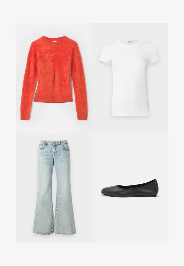 Roter, flauschiger Pullover mit langen Ärmeln und rundem Ausschnitt. Hat einen leicht übergroßen Schnitt und einen gerippten Saum am unteren Ende.; Weißes geripptes T-Shirt mit kurzen Ärmeln und Rundhalsausschnitt. Der Stoff wirkt glatt und hat eine figurbetonte Silhouette. Markenlabel am Kragen sichtbar.; Hellblaue Schlagjeans aus Denim, mit hoher Taille, Taschen und ausgefransten Säumen. Der Stoff hat eine verblasste Waschung und eine subtile Textur.; Schwarze Leder-Ballettschuhe mit abgerundeter Spitze, glatter Textur, minimalen Nähdetails und einem flexiblen Sohlen-Design.