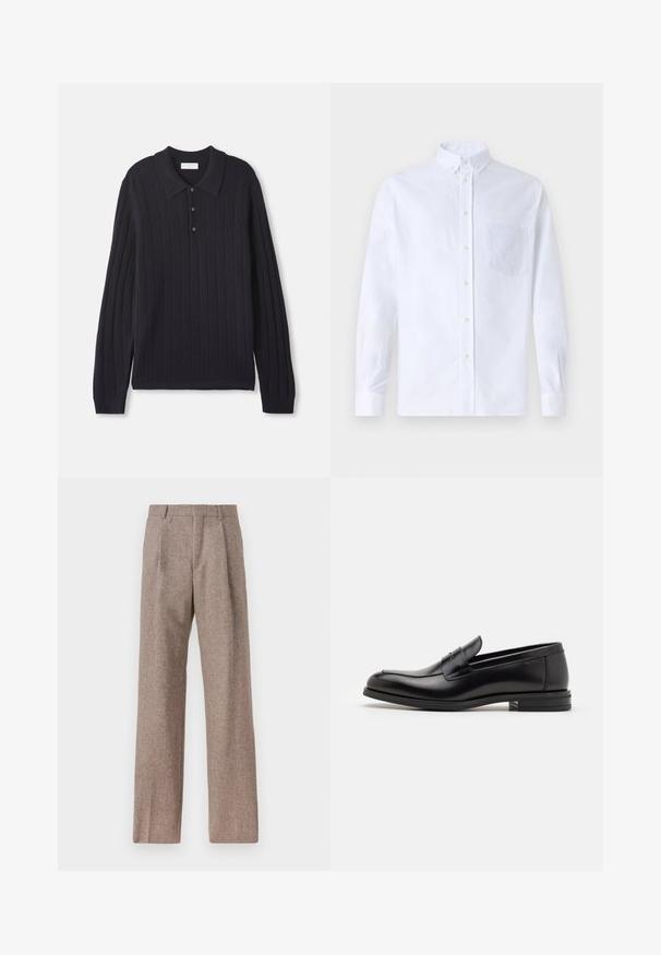 Tamno plavi dugotrajni pleteni polo džemper s tri gumba i rebrastim rukavima, koji ima teksturirani uzorak vertikalnih pruga.; Bijela košulja s dugim rukavima na dugme, izrađena od pamuka, s džepom na prsima s ton-sur-ton vezom, ovratnikom i dugmadi na manžetama.; Smeđe, hlače viskog struka od teksturiranog materijala. Imaju široke nogavice i dva prednja pregiba za strukturu. Uređen završetak bez vidljivih metalnih dijelova.; Crni kožni mokasini s glatkom teksturom, zaobljenim prstima i ukrasnom trakom preko prednjeg dijela. Niski slojeviti potplat, minimalistički dizajn.