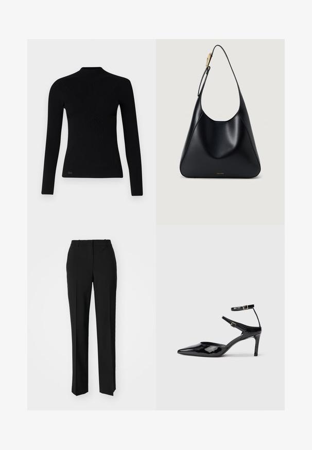 Musthave musta pikkade varrukatega ribakudumis-sviiter kõrge kaelusega, mis omab sobivat lõiget ja tekstureeritud kangast. Väike logo vasakus alumises nurgas.; Mustad ja sirged püksid, millel on sile tekstuur ja teravad voldid esiosas. Ilma nähtavate detailideta.; Mustad nahast mustad kontsad terava ninaga, reguleeritavate pahkluu rihmade ja õhukese kontsaga. Sile tekstuur läikiva viimistlusega.; Must mustriba mustkott, millel on sile tekstuur, kõver siluett ja kuldne riistvara aksent. Omab reljeefset brändilogo alusel.
