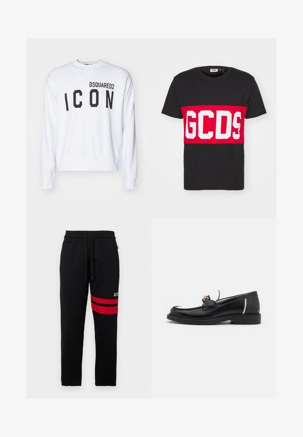 Weißes Sweatshirt mit "DSQUARED2" und "ICON" in fetter schwarzer Schrift. Rundkragen mit gerippten Ärmelbündchen und Saum. Lässige Passform.; GCDS BAND LOGO REGULAR - T-Shirt print - black; Schwarze Jogginghose mit kontrastierenden roten Streifen und Logo an der Seite. Sie verfügt über einen elastischen Bund mit Kordelzug und eng zulaufende Beinabschlüsse.; Schwarze Lederloafers mit runder Zehenpartie, weißen Akzenten und goldenen Beschlägen auf dem Vorderblatt. Verfügt über ein strukturiertes Patch und einen gestapelten Absatz.