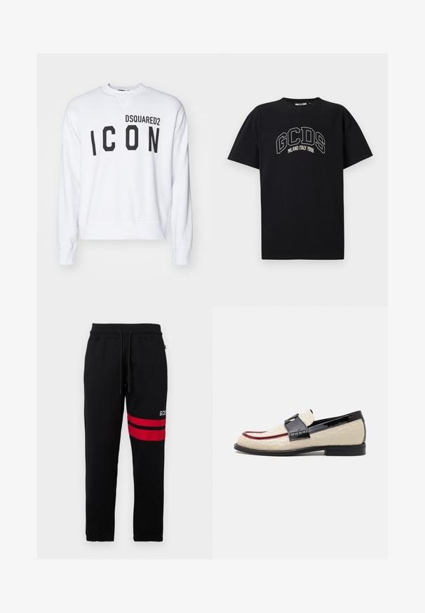 Sweatshirt blanc arborant "DSQUARED2" et "ICON" en lettres noires gras. Encolure ras du cou avec des poignets et un ourlet inférieur côtelés. Coupe décontractée.; T-shirt en coton noir à manches courtes. Présente un logo GCDS blanc et le texte "MILANO ITALY 1988" en arc. Coupe standard et col rond.; Pantalons de survêtement noirs avec des rayures rouges contrastantes et un logo sur le côté. Comprend une taille élastique avec cordon de serrage et des poignets ajustés.; Mocassins beige avec un motif en relief, une bande accentuée rouge et un talon noir brillant. Ils disposent d'une lanière avec une boucle décorative. Semelle noire plate.