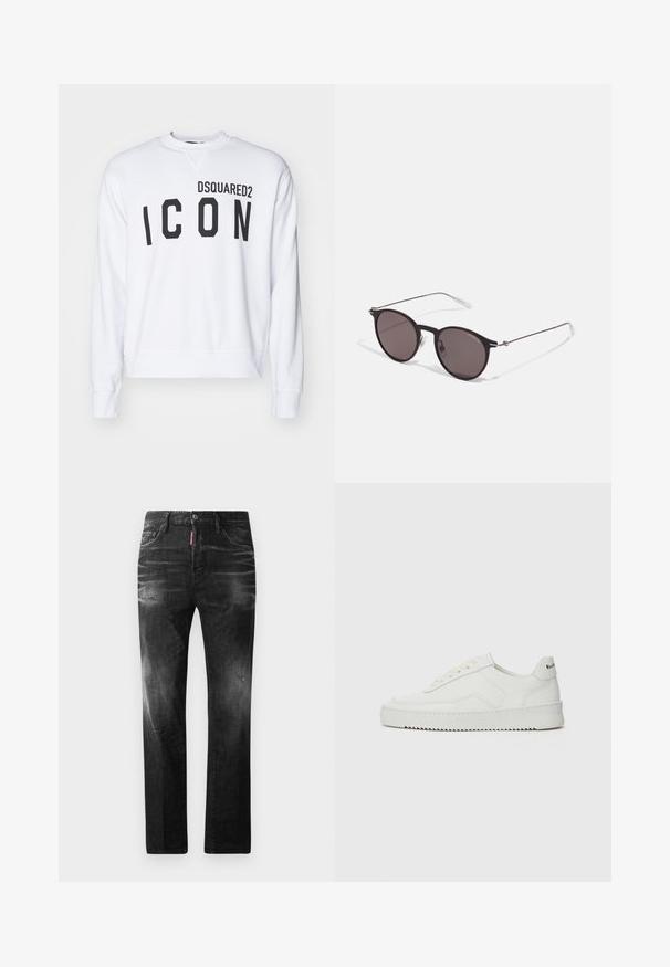 Biely sveter s potlačou "DSQUARED2" a "ICON" v tučnom čiernom písmene. Klasický okrúhly výstrih s rebrovanými manžetami a spodným lemom. Voľný strih.; Čierne bavlnené tričko s okrúhlym výstrihom, krátkymi rukávmi a bielym logom "EMPORIO ARMANI" nad textom "Milano" v zakrivenej línii.; Čierne denimové džínsy so štandardným strihom. Obsahujú vyblednuté oblasti, drobné opotrebenie, klasický dizajn s piatimi vreckami a zapínanie na gombík.; Biele kožené tenisky s hladkým povrchom, okrúly špičkový dizajn, ploché šnúrky a textúrovaná podrážka. Obsahujú jemné logo na päte.; Čierne okrúhle slnečné okuliare s tmavými sklami a tenkými kovovými ramenami. Obsahujú priehľadné konce rámov a strieborné akcenty na pántoch. Minimalistický dizajn.