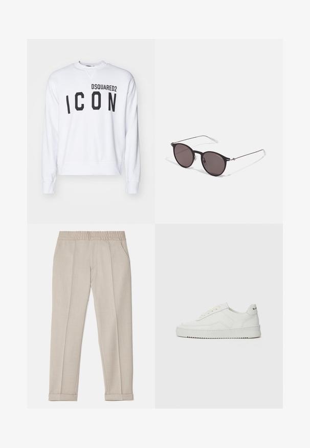 White sweatshirt featuring "DSQUARED2" and "ICON" in bold black lettering. Crew neckline with ribbed cuffs and bottom hem. Casual fit.; Filippa K TERRY CROPPED TROUSERS - Trousers - sage melange; White leather sneaker with a smooth finish, round toe, flat laces, and a textured sole. Features a subtle logo on the heel.; Black round sunglasses with dark lenses and slim metal arms. Includes clear temple tips and silver accents at the hinge. Minimalist design.