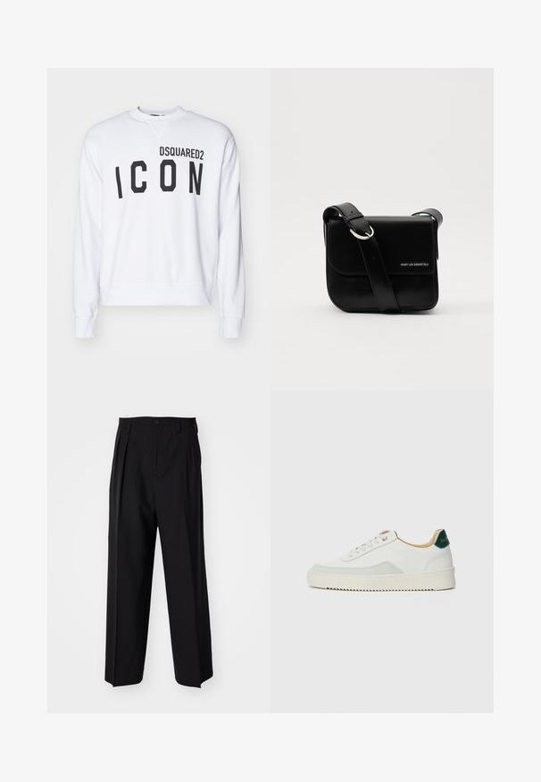 White sweatshirt featuring "DSQUARED2" and "ICON" in bold black lettering. Crew neckline with ribbed cuffs and bottom hem. Casual fit.; Black pleated trousers with a straight, wide-leg design. Made from smooth fabric, featuring a button closure and belt loops.; White sneaker with suede accents, rounded toe, flat laces, and a cream rubber sole. Features green branding on the heel.; WANT Les Essentiels ARCH CROSSBODY UNISEX - Cross body bag - black