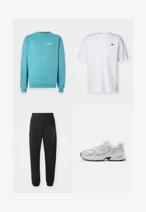 Felpa in cotone turchese, collo rotondo, maniche lunghe, polsini e orlo a coste, presenta un piccolo logo grafico bianco sul lato sinistro del petto.; T-shirt bianco a maniche corte con scollo rotondo e piccolo logo nero New Balance sul lato sinistro del petto, su uno sfondo neutro.; Pantaloni della tuta neri realizzati in materiale morbido con vita elastica, coulisse e polsini aderenti, caratterizzati da un logo sottile sul lato.; Scarpa sportiva con tomaia in mesh grigio chiaro e accenti in suede, lacci bianchi e suola in gomma nera. Dettaglio di ammortizzazione ABZORB notevole.
