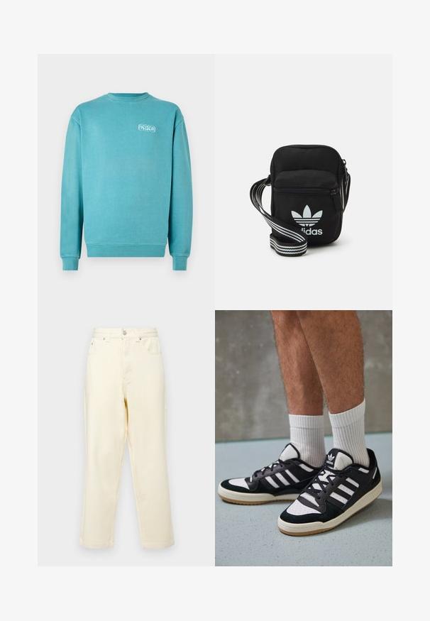Tirkīza kokvilnas sporta krekls, ar apaļu apkakli, garām piedurknēm, ribotām aprocēm un apakšmalu, ar mazu balto grafisko logotipu kreisajā krūtī.; Krēmkrāsas denima džinsi ar taisna kāju dizainu, divām priekšējām kabatām, vienu aizmugurējo kabatu un sudraba pogu un rāvējslēdzēju.; Melnas un baltas kedas ar zamša un ādas augšdaļu, kas aprīkotas ar trim baltām svītrām, perforētu purngali un gumijas zolēm.; Melna auduma crossbody soma ar rāvējslēdzēja aizdari, kurai ir balts Adidas logo un svītrainas regulējamas siksnas ērtiem pārvietošanās veidiem.