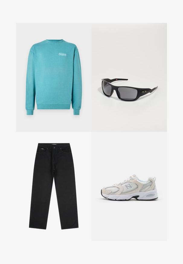 Türkiser Baumwoll-Sweatshirt, Rundhalsausschnitt, lange Ärmel, gerippte Bündchen und Saum, mit kleinem weißen Grafiklogo auf der linken Brust.; Schwarze gerade geschnittene Jeans mit vorderem Knopf und Reißverschluss, Gürtelschlaufen und Fünf-Taschen-Design, auf einem weißen Hintergrund flach ausgelegt.; Sportlicher Schuh mit einem hellgrauen Mesh-Obermaterial und Wildlederakzenten, weißen Schnürsenkeln und einer schwarzen Gummisohle. Auffälliges ABZORB-Dämpfungselement.; Schwarze Sonnenbrille mit rechteckiger Form, aus robustem Kunststoff gefertigt, mit grauen getönten Gläsern und einem goldenen Akzent an der Seite.