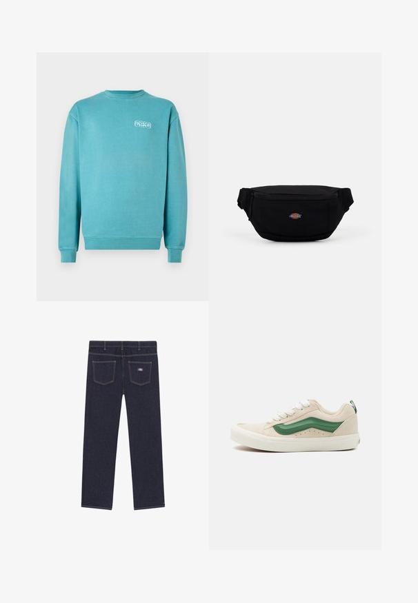 Turkoosi puuvillane huppari, pyöreä kaula-aukko, pitkät hihat, ribbaatut hihansuut ja helma, jossa on pieni valkoinen graafinen logo vasemmassa rinnassa.; Tummansiniset farkut suoralinjaisella leikkauksella, joissa on kaksi takataskua ja kontrastivärinen keltainen kirjonta. Merkkilappu oikeassa taskussa.; Beige mokkasiinisneakerit vihreillä nahkaosilla, pyöreällä kärjellä, valkoisilla nauhoilla ja tekstuuritetuilla sivuilla. Kumipohja näkyvissä.; Mustassa kankaasta valmistettu vyölaukku, jossa on vetoketjukiinnitys ja pieni brändilogo edessä. Kompakti, pyöreähkö muotoilu ja säädettävät hihnat.