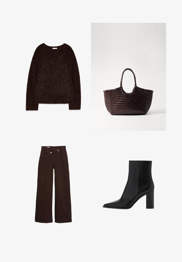 Bruine gebreide pullover met een V-hals, lange mouwen en een zachte, pluizige textuur. Het ontwerp is oversized met een ontspannen pasvorm en minimale details.; Bruine wijde jeans met hoge taille, rits aan de voorkant en knoopsluiting, met voor- en achterzakken.; Zwarte leren enkellaars met een spitse neus, vierkante hak, een gladde textuur en stikdetails langs de naden. De hakken zijn ongeveer 8,9 cm hoog.; Geweven bruin tote bag met een afgeronde bovenkant en twee handvatten. Heeft een gestructureerd patroon met een brede, open constructie voor gemakkelijke toegang.