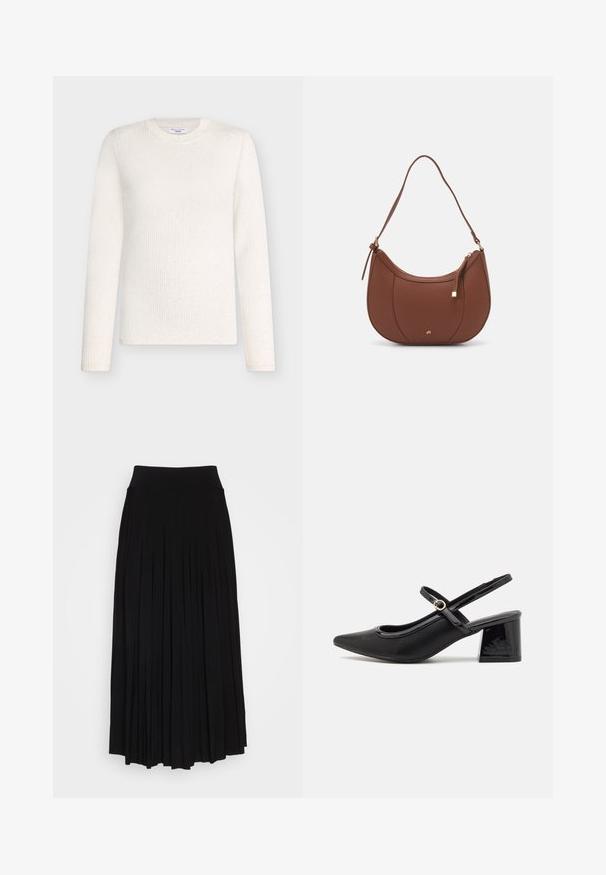 Ribbed, long-sleeve sweater in off-white, featuring a crew neckline and subtle texture patterns throughout.; Black pleated skirt with a high, stretchy waistband. Made from soft fabric, featuring vertical pleats for a flowing silhouette.; Black patent leather slingback heels with a pointed toe, a rounded cutout design, and a block heel. Features a gold-tone buckle accent.; Brown faux leather shoulder bag with curved shape, minimal stitching, and a gold-tone hardware accent. Features a top zipper closure and adjustable strap.