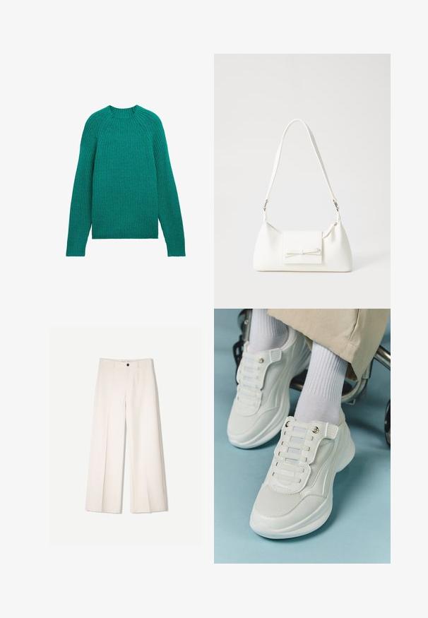 Raidallinen neulepusero eloisassa teal-värissä, jossa on pyöreä pääntie ja pitkät hihat, rento istuvuus ja tekstuuri.; Kerman leveletut housut räätälöidyllä designilla, joissa on kaksi etutaskua ja yksi etunapituksilla, valmistettu sileästä kankaasta.; Valkoiset lenkkarit, joissa on verkkokangas, kumipohja, nauhattomuus elastisilla nauhoilla ja kultatäyteiset yksityiskohdat.; Valkoinen synteettinen käsilaukku, jossa on kolmikulmainen muoto, tasainen etu läppä ja nauhadetail, säädettävä olkahihna, sileä rakenne ja minimalinen muotoilu.