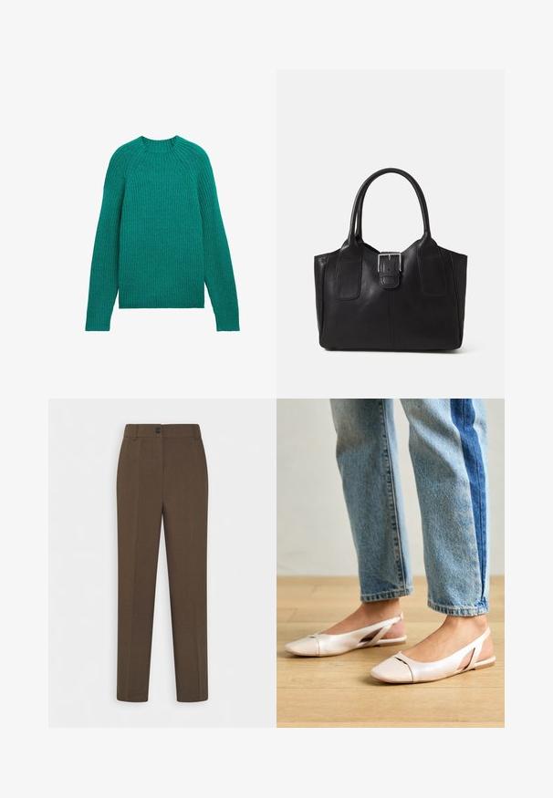 Riboto mezgimo megztinis sodrios turkio spalvos, su apvali iškirpte ir ilgomis rankovėmis, pasižymintis laisvu siluetu ir tekstūruotu audiniu.; Tiesios kojos rudos kelnės su diržo kilpomis ir viena priekinė mygtukų sagtimi, demonstruojamos ant baltos fono.; Šviesiai rožiniai slingback baleto bateliai su smailiu pirštu, pagaminti iš lygios odai panašios medžiagos. Yra išpjovimų detalės šonuose ir plokščias kulnas.; Juodas odinis nešiojamas krepšys su lygiu paviršiumi, struktūrine forma, dviem rankenėlėmis ir ryškiu sidabriniu sagties akcentu priekyje.