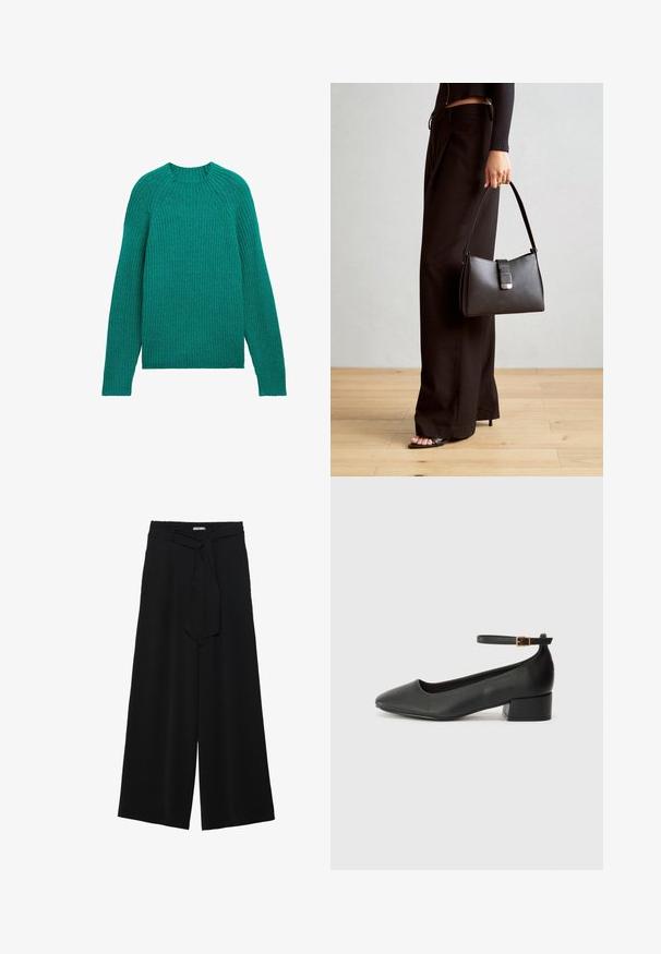 Ribota adīta džemperis dzīvīgā tirkīza krāsā ar apaļu kakla izgriezumu un garām piedurknēm, piedāvājot brīvu piegriezumu un strukturētu audumu.; Melni platleņķa bikses ar teksturētu audumu, elastīgu jostu un noņemamu siksnu viduklī, kas nodrošina regulējamu piegulšanu.; Melnas ādas sūkņi ar smailu purngalu un zemu bloku papēdi. Iezīmēts ar potītes siksniņu ar zelta krāsas sprādzi. Gluda tekstūra.; Melnā somiņa ar strukturētu formu, gludu tekstūru un metālu sprādzi. Saskaņota ar platām melnām biksēm un sandālēm ar atvērtu purngalu uz koka grīdas.