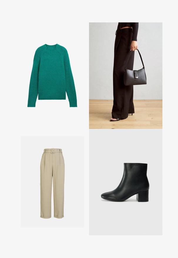 Ribaga, elav sinine kampsun, millel on ümmargune kaelus ja pikad varrukad, lõdva lõike ja tekstuurses kangas.; Beežid, kõrge vöökohaga püksid laia jala disainiga, millel on voldid, sobiv vöö ristkülikukujulise pandlaga ja mansetid allääres.; Mustad nahast pahkluu saapad terava varbaga ja jämeda kandaga. Sile tekstuur minimaalse aktsentidega ja stiilne, lihvitud disain.; Must musta kott, millel on struktureeritud kuju, sile tekstuur ja metallist klamber. Kombineeritud laiate mustade pükstega ja avatud varvaste sandaalidega puidust põrandal.