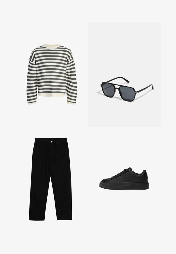 Prúžkovaný sveter v krémovej a tmavosivej farbe, s rebrovaným okrúhlym výstrihom, dlhými rukávmi a voľným strihom s krátkym lemom.; Čierne denimmové nohavice s rovný strihom, dizajnom s piatimi vreckami a upínaním na prednej strane. Hladká textúra s minimálnymi detailmi šitia.; Čierne tenisky vyrobené z hladkej kože, s okrúhlou špičkou, hrubou platformovou podrážkou a tradičným šnurovaním so šiestimi očkami.; Čierne slnečné okuliare s osemuholníkovým rámom, tmavými sklami, lesklým povrchom, tenkými rámčekmi a zlatými akcentmi na prednej strane.
