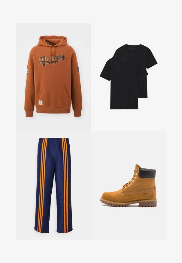 Barna kapucnis pulóver, amelyen nagy "Dodgers" grafika található elöl, kenguru zsebbel és bordázott mandzsettákkal. A bal ujján kék logó címke látható.; Két fekete pamut póló, rövid ujjú, kerek nyakkivágással és sima textúrával, egymásra rakva bemutatva.; Tengerészkék nadrág, mely egész felületén mintás textúrával rendelkezik, egyik oldalán három vastag narancssárga csíkkal. Rugalmas derékrész a tetején.; Barna velúr bokacipő fekete párnázott gallérral, arany fém fűzőlyukakkal, fehér varrási részletekkel és durva gumitalppal, amelynek kifejezett barázdái vannak.