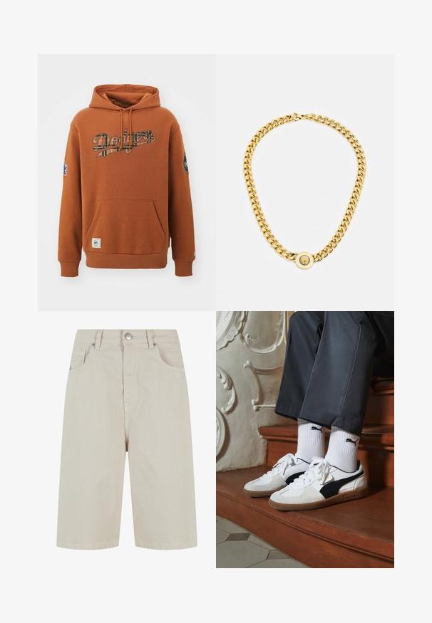 Smeđa kapuljača s velikim grafičkim prikazom "Dodgers" sprijeda, s kangaroo džepom i rebrastim manžetama. Na lijevoj manžeti nalazi se plavi logotip.; Bež traperice kratke hlače ravnog kroja, s bočnim kopčanjem na gumbe i četiri džepa. Tkanina ima glatku teksturu i minimalne šavove.; Puma tenisice u bijelom i crnom nubuku, s smešnim gumastim potplatom. Uparene su s bijelim čarapama s crnim logom, nosene uz tamne hlače.; Zlatna ogrlica s velikim isprepletenim karikama, koja sadrži kružni detalj na sredini s uzdignutim grbom.