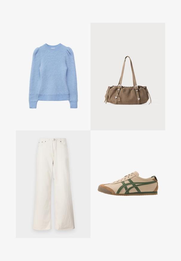 Helles, blaus, flauschiges Strickpullover mit rundem Hals, gepufften Schultern sowie gerippten Säumen und Ärmelabschlüssen. Weiche Textur und gemütliches Design.; Weiße, weit geschnittene Denim-Hosen mit elastischem Zugband in der Taille, Fronttaschen und dezenten Nähten. Hergestellt aus strapazierfähigem Baumwollmaterial.; Beige Leder-Sneaker mit grünen Akzenten, runder Zehenpartie, flacher Sohle und Wildlederdetails an der Zehenkappe und Ferse.; Braune Wildleder-Handtasche mit gerafftem oberen Teil, silbernen Hardware-Details und zwei Schulterriemen. Sie hat eine rechteckige Form und ein minimales Design.
