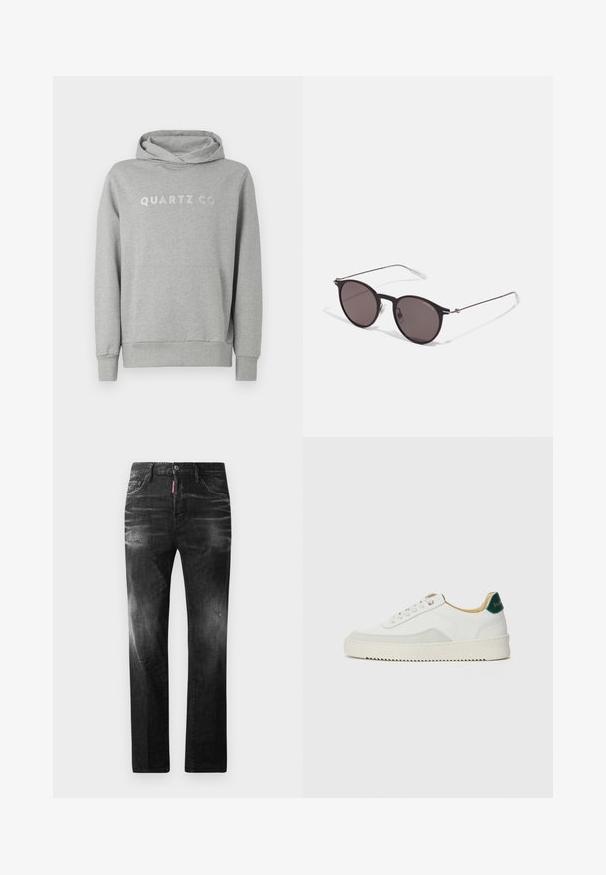 Hanorac gri dintr-un material moale, cu glugă reglabilă și buzunar frontal, având inscripția "QUARTZ CO" imprimată într-un design subtil pe piept.; Tricou negru din bumbac cu guler rotund, mâneci scurte și logo-ul "EMPORIO ARMANI" în alb deasupra cuvântului "Milano" într-un design curbat.; Jeans din denim negru cu o croială dreaptă. Au zone decolorate, ușoare uzuri, design clasic cu cinci buzunare și închidere cu buton.; Sneaker alb cu accente din suede, vârf rotund, șireturi plate și o talpă din cauciuc crem. Are un logo verde pe călcâie.; Ochelari de soare negri rotunzi cu lentile întunecate și brațe metalice subțiri. Include vârfuri transparente pentru brate și accente argintii la balama. Design minimalist.