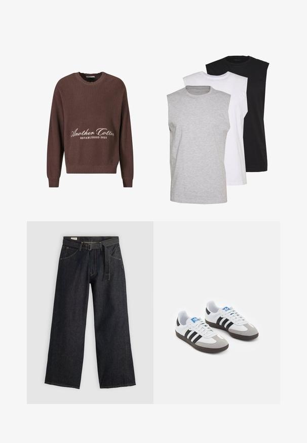 Brauner Rippstrickpullover mit Rundhalsausschnitt. Mit weißem "Another Cotton Established 2023"-Text auf der Vorderseite und gerippten Bündchen.; Drei ärmellose T-Shirts in Grau, Weiß und Schwarz. Weiches Baumwollmaterial mit Rundhalsausschnitt und lockerer Passform. Einfaches Design, keine Muster.; Dunkelblaue Denim-Hosen mit weitem Bein und einem taillierten Gürtel, ausgestattet mit Vordertaschen und kontrastierender Naht. Glatte Textur mit einem schlichten Design.; Sportschuhe mit einem Obermaterial aus weißem Leder, grauer Wildleder-Zehenkappe und drei schwarzen Streifen. Sie verfügen über ein blaues Logo auf der Zunge und eine strukturierte Gummisohle.