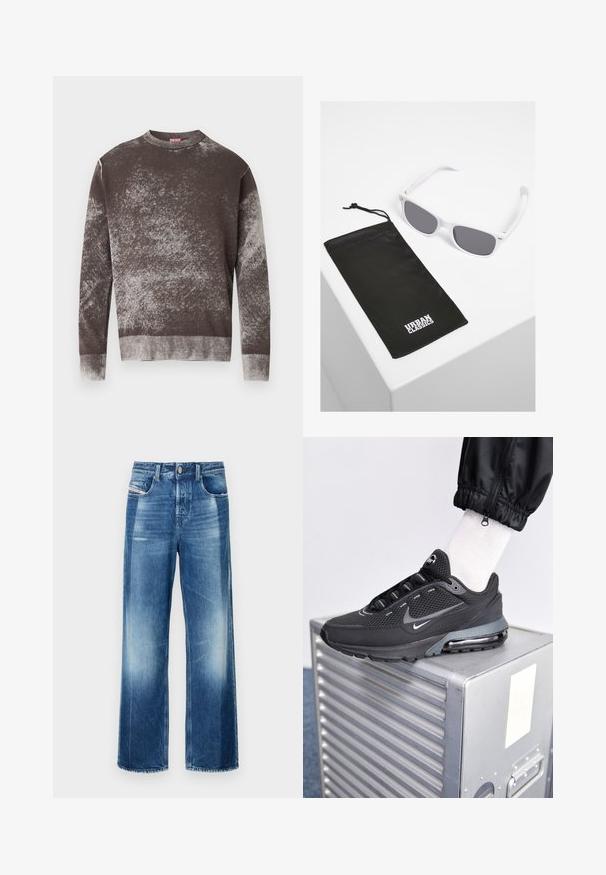 Bruine en grijze gespikkelde trui met ronde hals en lange mouwen, voorzien van geribde manchetten en zoom, met een klein geborduurd logo op de borst.; Brede denim jeans in medium blauw, met een knoopsluiting, voorzakken en lichte vervaging. Schone zoom met een rechte snit.; Nike Sportswear PULSE - Sneakers laag - black/anthracite; Witte plastic zonnebril met grijze lenzen naast een zwart stoffen zakje met een wit "URBAN CLASSICS" logo in vette letters.