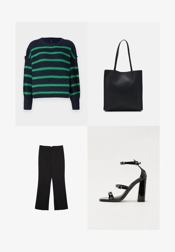 Temno modra pletena puli z zelenimi vodoravnimi črtami in rebrastimi manžetami, z okroglo ovratnico in nekoliko ohlapnim krojem.; Črne hlače ravnega kroja z naglavnimi žepi in stranskimi razporki na robu. Narejene iz mehke, gladke tkanine. Primerne za različne priložnosti.; Črne lakirane sandale s peto, kvadratnim prstom, trakovi okrog gležnja in srebrnimi zaponkami. Opremljene so s stabilno Debelo peto.; Črna usnjena torba s svilnato teksturo, pravokotne oblike in dvema dolgima ročajema. Brez vidnih metalnih delov ali okrasnih elementov.