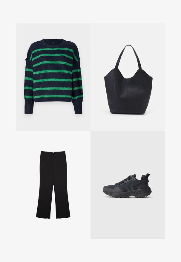 Tummansininen neulepaita, jossa on vihreät vaakaraitat ja ribbauskäreet, pyöreä pääntie ja hieman väljä istuvuus.; Mustat housut suoralinjaisella leikkauksella, joissa on etutaskut ja sivurei'ät helman alla. Valmistettu pehmeästä ja sileästä kankaasta. Sopii eri tilaisuuksiin.; Musta urheilulenkkari paksulla pohjalla, nauhoilla kiinnitettävä muotoilu, teksturoitu päällinen ja vetotappi kantapäällä, esitetty sivuprofiilissa valkoista taustaa vasten.; Mustat kangaskassit, jotka on valmistettu sileästä nahasta, jossa on kaareva, avoin yläosa, kaksi olkahihnaa ja minimalistinen muotoilu.