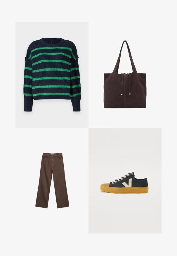Temno modra pletena puli z zelenimi vodoravnimi črtami in rebrastimi manžetami, z okroglo ovratnico in nekoliko ohlapnim krojem.; Široke rjave kavbojke iz denima, ki imajo visok pas, sprednje žepe in klasično zapiranje na gumb. Gladka tekstura s subtilnim šivom.; Modri jeans teniskani z nizkim robom in kremnimi vezalkami, rumenim gumijastim podplatom ter kontrastnim "V" logotipom ob strani.; Mango Torba za nakupovanje - dark brown