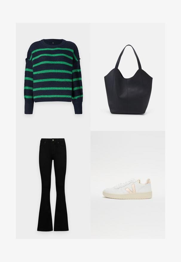 Tums kauts zils džemperis ar zaļām horizontālām strīpām un ribotām piedurknēm, ar apaļu apkakli un nedaudz brīvu piegriezumu.; Melni augsta jostas šorti ar pogu un rāvējslēdzēju, priekšējām kabatām un izplestām kājām, nolikti uz balta fona.; Baltie balti zemi sporta apavi ar perforētu tekstūru, ar metālisku rozā zelta akcentu sānos un aizmugurē. Gumijas zole.; Melnas rokassomas, kas izgatavota no gludas ādas, ar izliekto atvērto augšu, divām plecu jostām un minimālistisku dizainu.