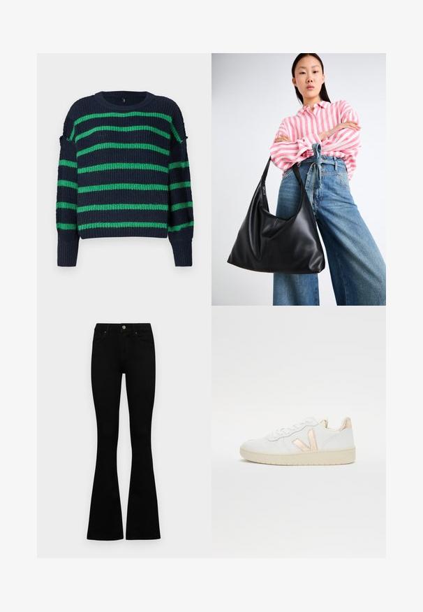 Dunkelblauer Strickpullover mit grünen horizontalen Streifen und gerippten Bündchen, mit rundem Ausschnitt und einer leicht lockeren Passform.; Schwarze hochtaillierte Jeans mit einem Knopf- und Reißverschluss, Fronttaschen und ausgestellten Beinen, flach auf einem weißen Hintergrund ausgelegt.; Weiße niedrige Sneaker mit perforierter Textur, ausgestattet mit metallisch roségoldenen Akzenten an der Seite und Rückseite. Gummisohle.; Schwarze Leder-Umhängetasche mit einer lässigen Form und Nahtdetails. Das Modell trägt ein pink-weiß gestreiftes Hemd zu weit geschnittenen blauen Jeans.