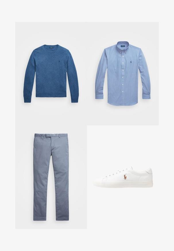 Suéter de malha azul com decote em crew, mangas longas e punhos e bainha canelados. Pequeno logótipo no lado esquerdo do peito. Textura suave.; Camisa de botão de manga longa às riscas em azul e branco, com colarinho clássico, botão na frente e logótipo bordado no peito.; Chinos de algodão azul claro com um corte slim, pernas retas, passantes para cinto e fecho de zip. Apresenta costuras subtis e sem padrões visíveis.; Sapatilhas de couro brancas, design de cano baixo, com textura suave, biqueira redonda, atacadores à frente e um pequeno logótipo bordado na lateral.