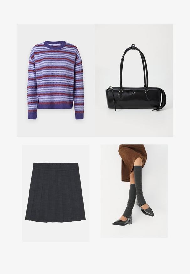 Pulôver de manga longa listrado em roxo, vermelho e branco, com decote redondo e punhos e bainha canelados.; Saia pregueada cinza escuro com cintura elástica, apresentando um tecido texturizado e uma silhueta clássica em A. Adequada para uso casual.; Sapatos pretos de pele lacada com biqueira pontuda, salto bloco e tiras no tornozelo, combinados com caneleiras cinzas em malha e uma saia de camurça castanha.; Bolsa de couro preta com forma retangular, textura suave, duas alças, fecho com zíper e um pequeno logótipo na parte da frente.