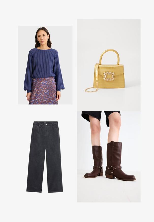 Frau in einem gestreiften navyblauen Pullover mit Ballonärmeln und einem gemusterten Rock in Lila-, Rost- und Weißtönen vor einem hellen Hintergrund.; Weite Hosen aus dunkelgrauem Cord mit Knopfverschluss, vier Taschen und einer weichen, strukturierten Oberfläche.; Braune kniehohe Stiefel aus Leder mit runder Zehenform, strukturiertem Obermaterial, Knöchelriemen und silbernen Hardware-Details; mit gestapeltem Absatz.; Gelbe Kunstleder-Handtasche im Krokodil-Look mit strukturiertem Design, Obergriff, abnehmbarem Kettenriemen und dekorativer Kristallverzierung am Verschluss.