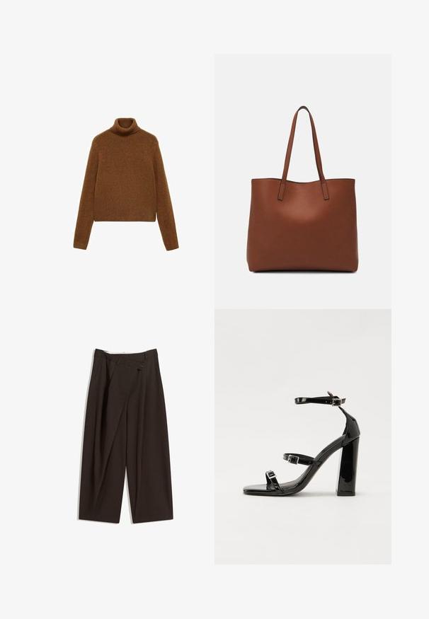 Pull en maille marron à col roulé, avec un col côtelé et des manches longues, au design court et à la texture lisse.; Pantalons larges marron foncé à taille haute, dotés d'une fermeture à un bouton et d'un devant plissé. Confectionnés en tissu léger.; Sandales à talons hauts en cuir verni noir avec deux brides à boucles, bout carré et talon bloc épais, présentant une texture lisse et brillante.; Sac fourre-tout en cuir marron avec une texture lisse, design à ouverture supérieure et deux poignées pour le porter à l'épaule. Présente des coutures minimales et aucun matériel visible.