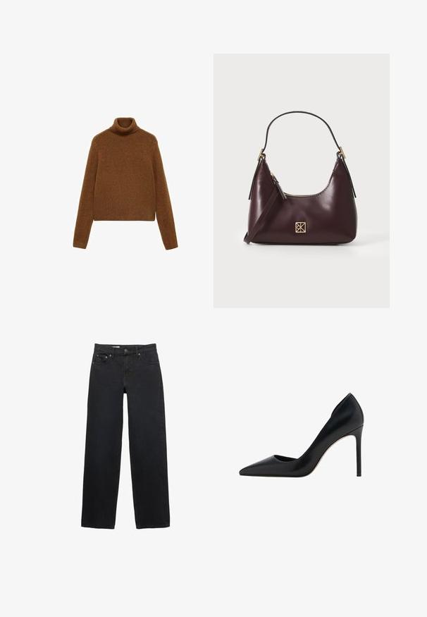 Maglione a collo alto marrone in morbido knit, con colletto a coste e maniche lunghe, design cropped e texture liscia.; Jeans neri a gamba larga realizzati in denim, con cinque tasche, chiusura a bottone, cuciture sottili e una linea diritta dalla vita all'orlo.; Mango Decolleté - black; Borse in pelle borgogna con forma curva, dettagli in oro sull'hardware e chiusura con cerniera. Presenta una tracolla staccabile.