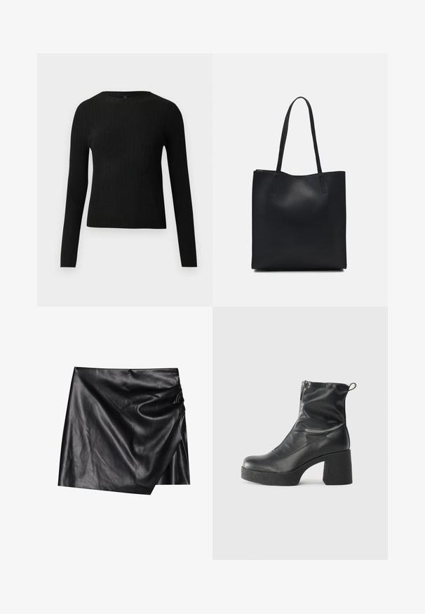 Črna rebrasta dolgosleeve prilegnjena pulover s krožnim ovratnikom, prikazan na enostavni svetli podlagi.; Črna usnjena mini krila z ovitek obliko, ki se ponaša s prijetno, gladko teksturo in subtilnimi nagubanimi detajli na eni strani.; Črne gležnjarje iz gladke kože z božnim zadrgo, masivnim teksturiranim peto in zaobljeno obliko prstov.; Črna usnjena torba s svilnato teksturo, pravokotne oblike in dvema dolgima ročajema. Brez vidnih metalnih delov ali okrasnih elementov.