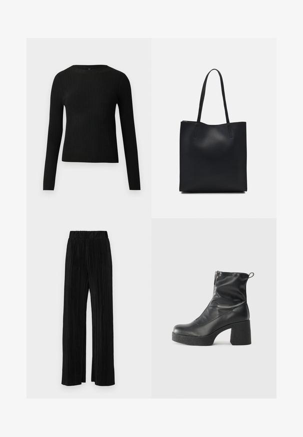 Black ribbed long-sleeve fitted sweater with a round neckline, displayed against a plain light background.; Black pleated trousers with an elastic waistband. Features wide legs and a smooth, textured fabric with vertical stripes.; Black ankle boots made of smooth leather, featuring a side zipper, chunky textured heel, and rounded toe design.; Black leather tote bag with smooth texture, rectangular shape, and two long handles. No visible hardware or embellishments.