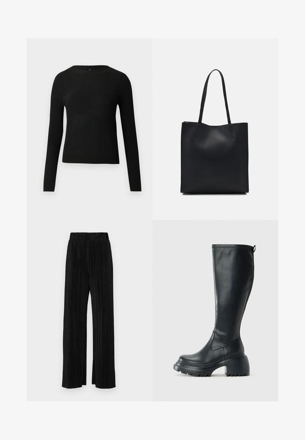 Černý žebrovaný dlouhý rukáv těsně padnoucí svetr s kulatým výstřihem, vystavený na jednoduchém světlém pozadí.; Černé plisované kalhoty s elastickým pasem. Mají široké nohavice a hladkou, strukturovanou tkaninu s vertikálními pruhy.; Vysoká černá kožená bota s masivní platformou a blokovým podpatkem, s poutkem a texturovaným vzorkem na podrážce.; Černá kožená taška přes rameno s hladkým povrchem, obdélníkovým tvarem a dvěma dlouhými uchy. Žádné viditelné kování ani ozdoby.
