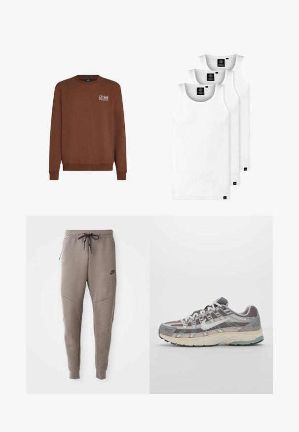Brauner Sweatshirt mit langen Ärmeln und geripptem Rundhalsausschnitt. Mit weißem, gesticktem Logo auf der linken Brust. Weicher Stoff mit glatter Textur.; Drei weiße, gerippte Tanktops aus Baumwolle. Merkmale einen Rundhalsausschnitt und kleine schwarze Etiketten am Saum. In mehreren Größen erhältlich.; Graue Nike-Sweatpants mit einem Kordelzugbund, schmal zulaufenden Beinen, seitlichen Taschen und auffälliger Nahtgestaltung. Weicher, strukturiert Stoff.; Grauer Sportschuh mit einem Obermaterial aus Mesh und Wildleder, weißen Akzenten, einer gepolsterten Sohle und einem charakteristischen Design mit reflektierenden Elementen.