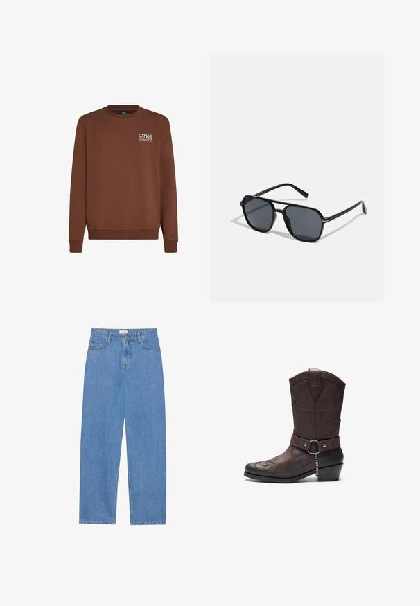 Brauner Sweatshirt mit langen Ärmeln und geripptem Rundhalsausschnitt. Mit weißem, gesticktem Logo auf der linken Brust. Weicher Stoff mit glatter Textur.; Hellblaue Jeans aus Denim mit geradem Schnitt, fünf Taschen-Design, Knopfverschluss und dezenten Nähten an den Säumen.; Braune Ledercowboystiefel mit dekorativer Stickerei, spitzem Schuhdesign und einem mittelhohen Blockabsatz sowie einem Riemen mit Kettendetail.; Schwarze Sonnenbrille mit achteckigem Rahmen, dunklen Gläsern, glänzender Oberfläche, dünnen Bügeln und goldenen Akzenten auf der Vorderseite.