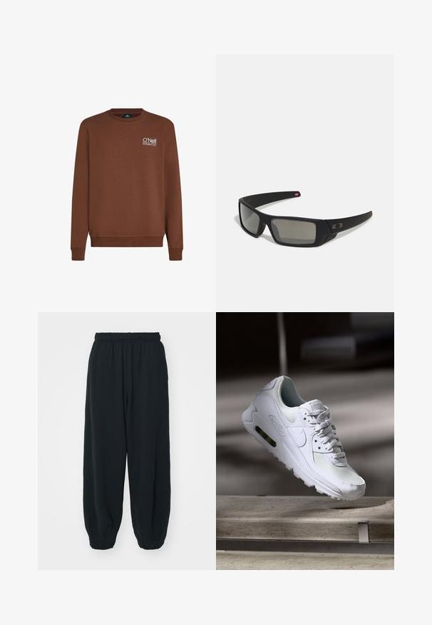 Brown sweatshirt with long sleeves and a ribbed crew neck. Features white embroidered logo on the left chest. Soft fabric with smooth texture.; Black, elasticated-waist sweatpants with a loose fit, cuffed ankles, smooth texture, and no visible patterns or hardware accents.; White Nike Air Max 90 sneaker featuring a mesh and leather upper, perforated toe box, and a visible air unit in the heel.; Black sunglasses with a matte finish, rectangular lenses, slight curve on temples, subtle logo detail, and smoke-tinted lenses.