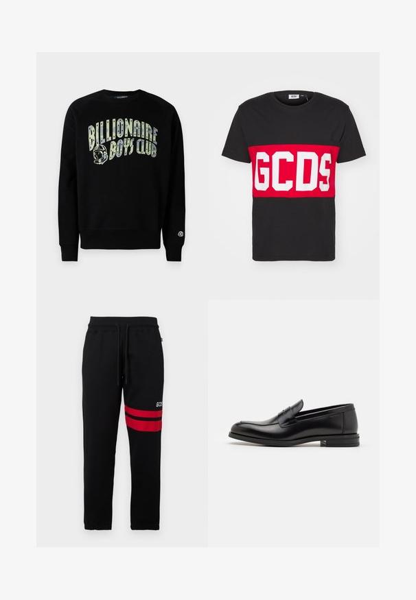 Black sweatshirt featuring a graphic print with "Billionaire Boys Club" text and an astronaut logo. Made of soft material with ribbed cuffs.; GCDS BAND LOGO REGULAR - Print T-shirt - black; Black sweatpants with contrast red stripes and logo on the side. Features an elastic waistband with drawstring and tapered ankle cuffs.; Black leather loafers with a smooth texture, rounded toe, and a decorative strap across the vamp. Low stacked heel, minimalist design.