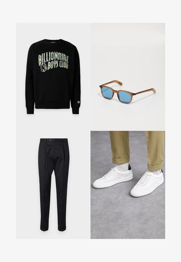 Felpa nera con stampa grafica contenente il testo "Billionaire Boys Club" e un logo di un astronauta. Realizzata in materiale morbido con polsini a coste.; Pantaloni neri realizzati in un tessuto liscio, con una piega sul davanti, chiusura con bottone e risvolti alla caviglia.; Sneaker bianchi con finitura in pelle testurizzata, punta arrotondata e accentuazione nera sul tallone. Suola in gomma con piccolo motivo di battistrada e dettagli cuciti.; Occhiali da sole con montatura in plastica marrone e lenti blu, forma quadrata, stecche sottili, dettagli testurizzati sulle tempie e un finish lucido.