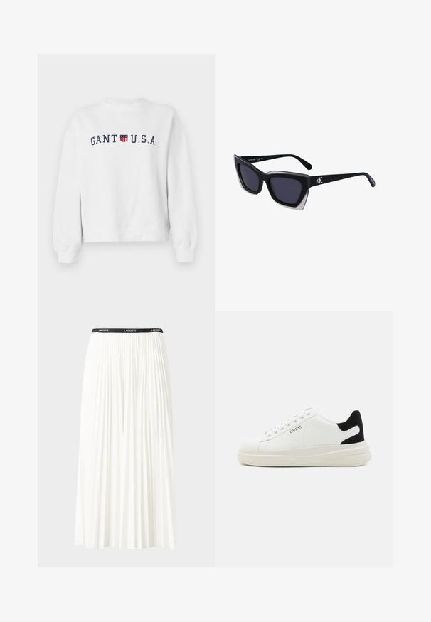 Witte sweatshirt van katoen, met een marineblauw logo "GANT U.S.A." en een schildembleem, en ribgebreide boorden en onderkant.; Plisséminirok in het wit met een zwarte elastische tailleband met het "LACOSTE"-logo. Middellange ontwerp met een zachte textuur.; Witte leren sneakers met een dikke witte zool, zwarte suède hielaccent en een geperst logo op de zijkant. Vetersluiting met zes oogjes.; Zwarte oversized zonnebril met een geometrische vorm, voorzien van donkere glazen en een contrasterend grijs detail op het montuur. Logo op de arm.