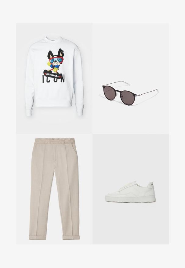 White sweatshirt featuring a colorful cartoon dog character in sports attire, with a large graphic and the text "DSQUARED2 ICON."; Filippa K TERRY CROPPED TROUSERS - Trousers - sage melange; White leather sneaker with a smooth finish, round toe, flat laces, and a textured sole. Features a subtle logo on the heel.; Black round sunglasses with dark lenses and slim metal arms. Includes clear temple tips and silver accents at the hinge. Minimalist design.