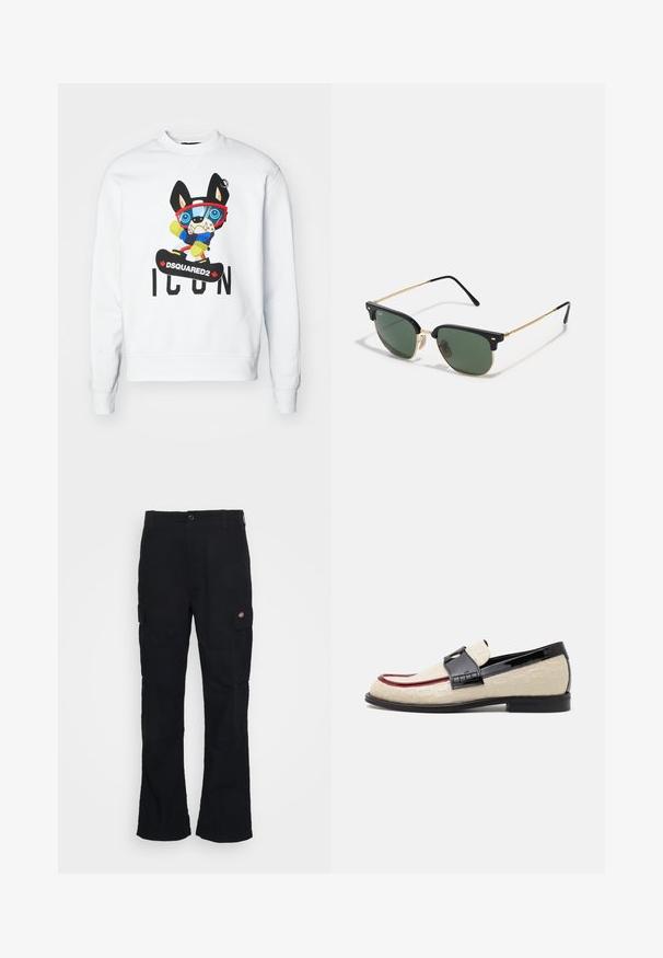 Sweat-shirt blanc avec un personnage de chien cartoon coloré en tenue de sport, arborant un grand graphique et le texte "DSQUARED2 ICON."; Pantalons cargo noirs avec une coupe droite, fabriqués en tissu durable, dotés de poches latérales et d'un logo en patch sur le côté gauche.; Mocassins beige avec un motif en relief, une bande accentuée rouge et un talon noir brillant. Ils disposent d'une lanière avec une boucle décorative. Semelle noire plate.; Lunettes de soleil avec des verres verts, un cerclage supérieur en plastique noir, des accents en métal doré et des branches fines en noir. Présente un design de pont distinctif.