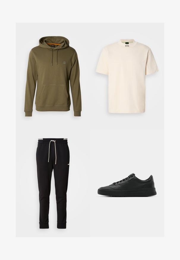 Oliwkowa bluza z kapturem wykonana z miękkiego materiału, z przednią kieszenią, regulowanym kapturem na sznurku oraz dyskretną naszywką z logo na piersi.; Kremowa koszulka z krótkim rękawem z wysokim kołnierzem, z nadrukiem "BOSS" w kolorze czarnym na przedniej części kołnierza oraz wewnętrznej metce.; Czarne slim-fit joggery z białym sznurkiem, ściągaczami u dołu i dyskretnym logo na górnej części uda na jednolitym tle.; Czarny sneakers z gładkiej skórzanej cholewce, okrągłym nosku, płaskimi sznurówkami, wyściółką kołnierza i minimalistycznym designie. Gumowa podeszwa z delikatnym wzorem bieżnika.
